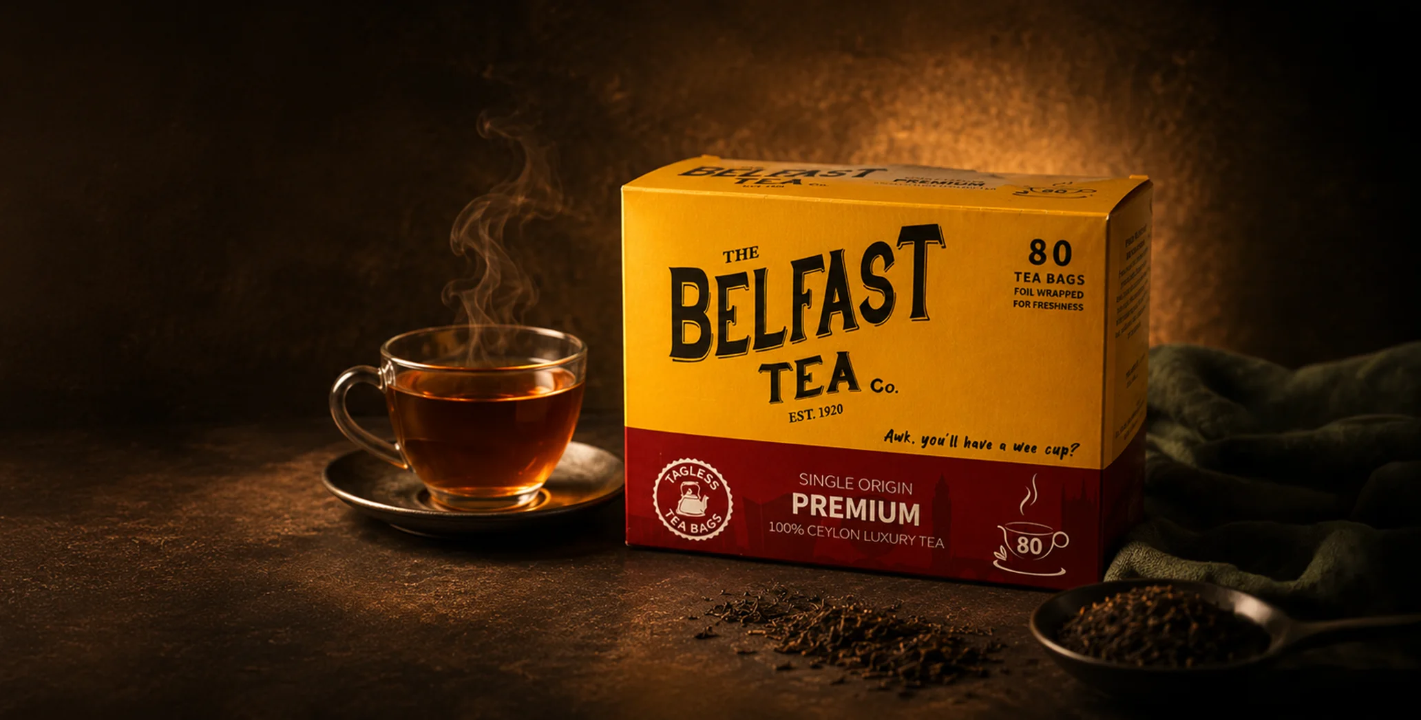 Warm tea still life with Belfast Tea