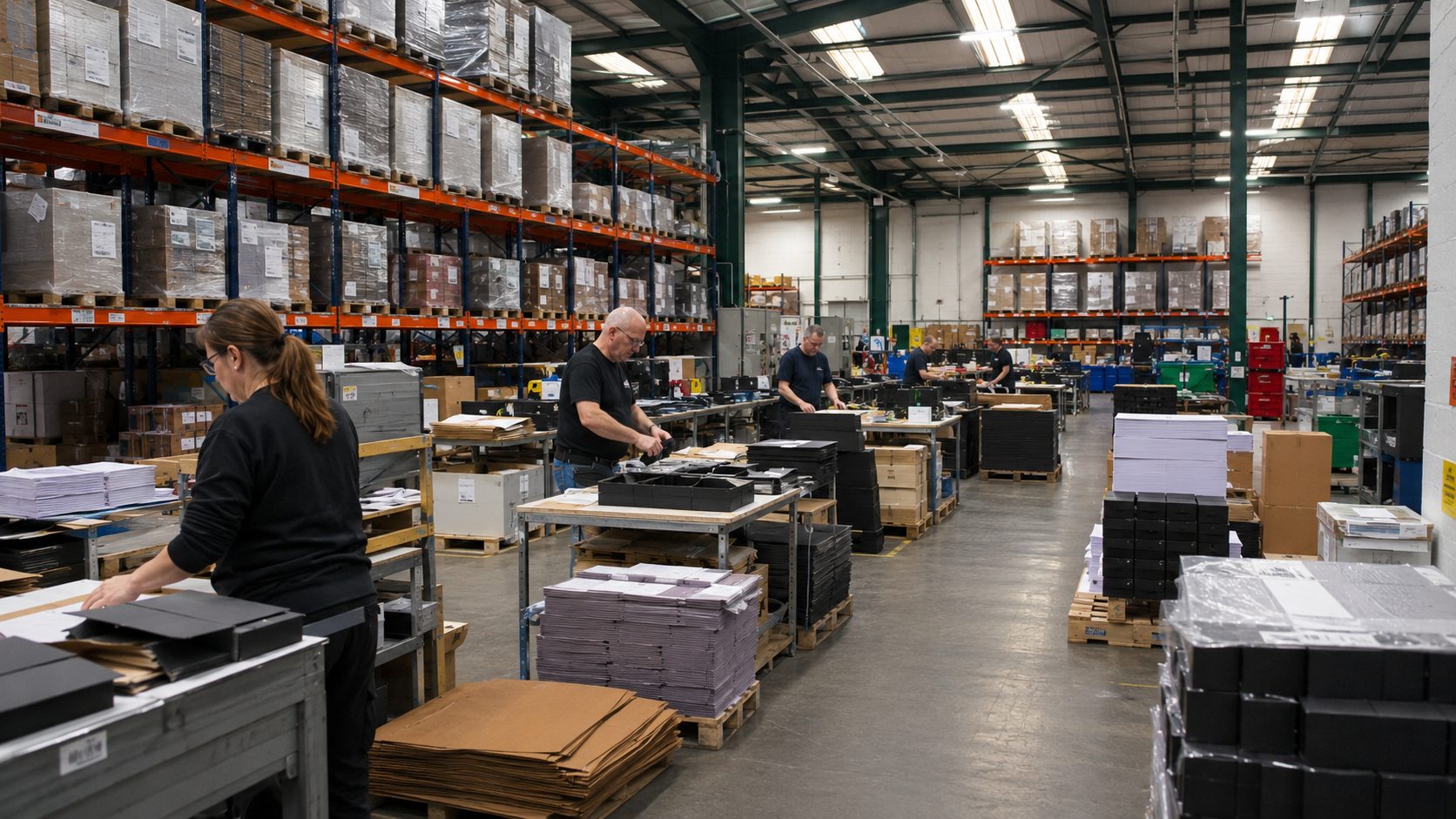 ESL Studio team working across multiple packaging and fulfilment stations inside the factory.