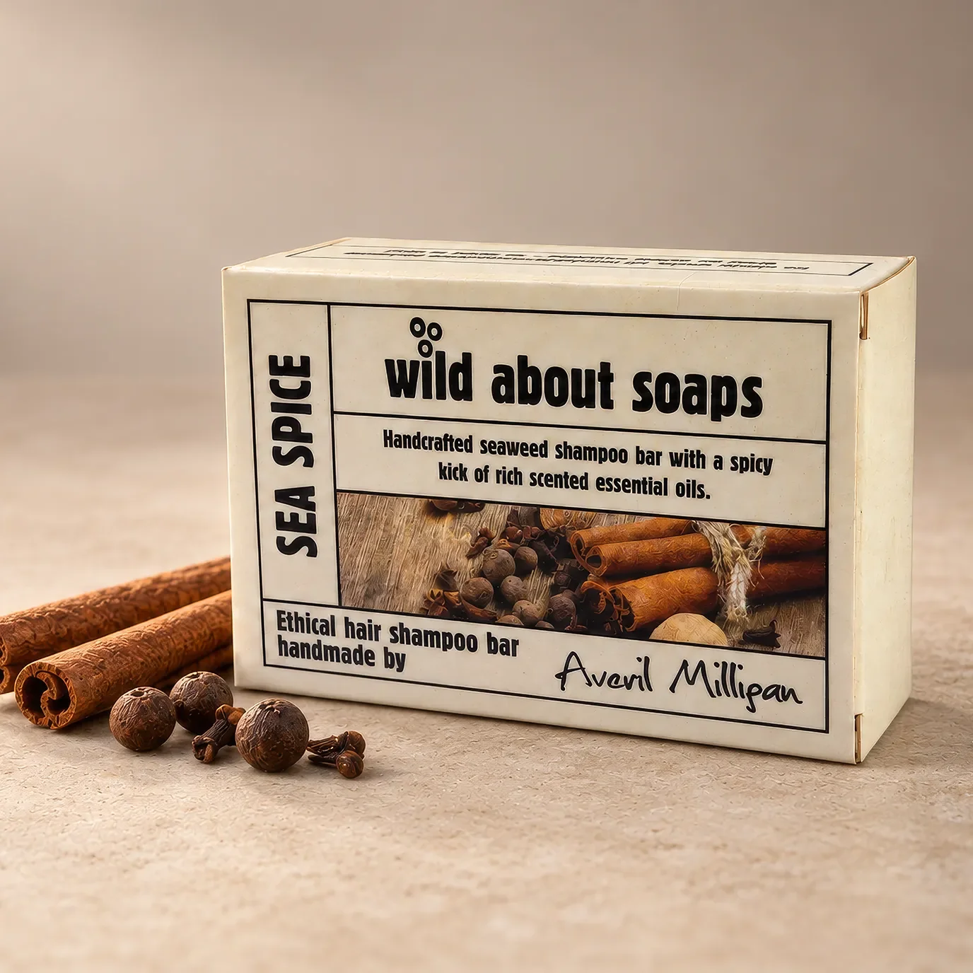 Printed Wild About Soaps Sea Spice shampoo bar carton produced by ESL Studio